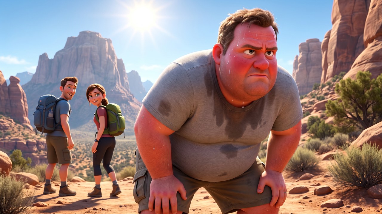 A heavy man resting on a mountain trail as hikers pass