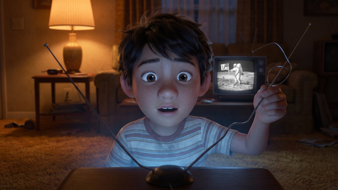 A boy holding a TV antenna, a moonwalk on the screen