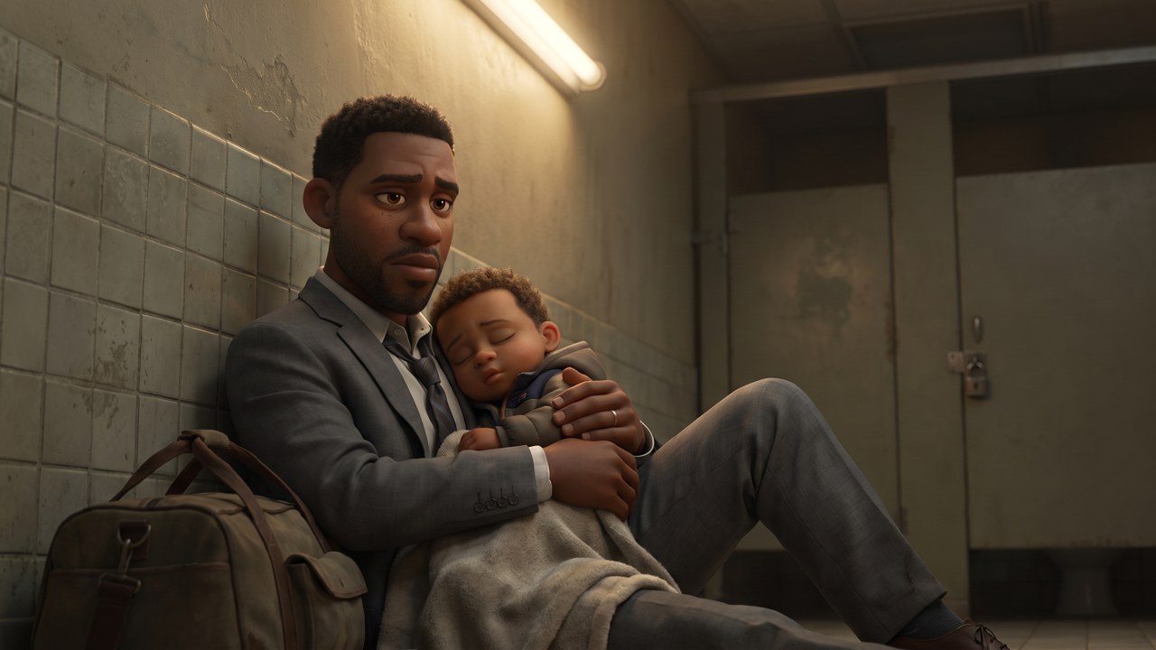 A father carrying his young son through a dim train station
