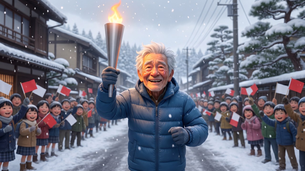An elderly runner carrying a torch through a snowy street