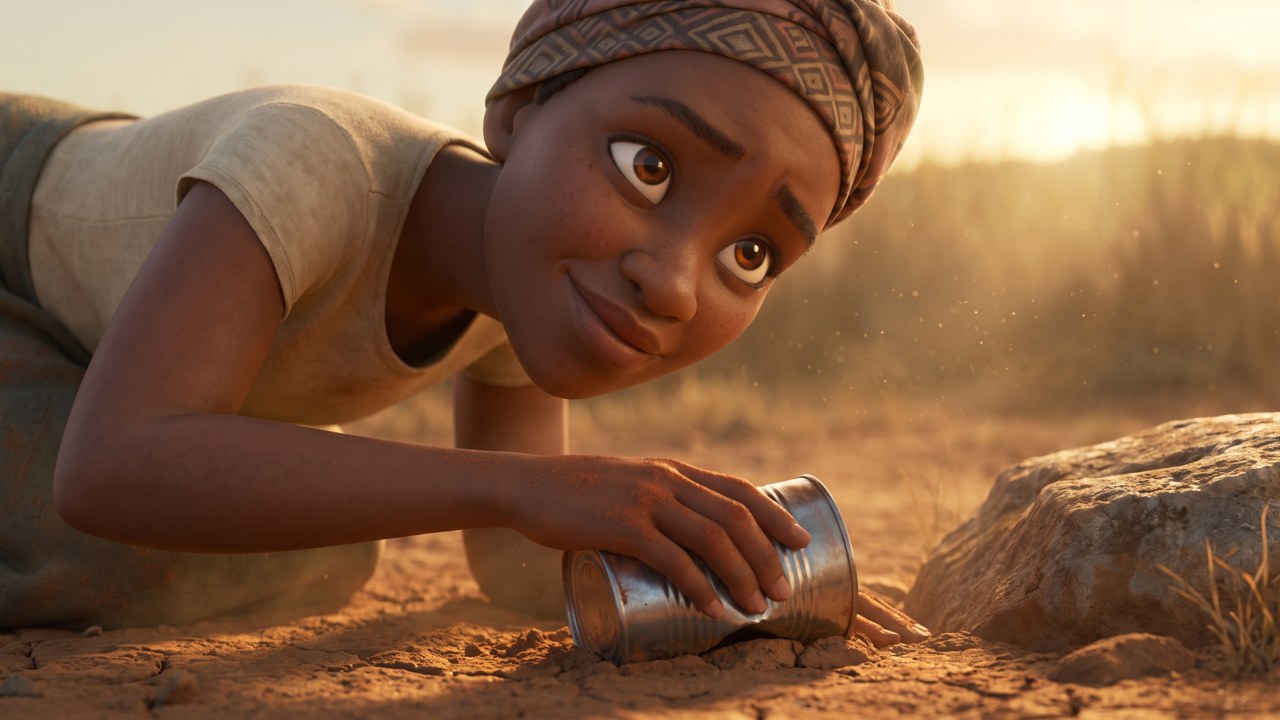 A woman kneeling by a rock, burying a small tin